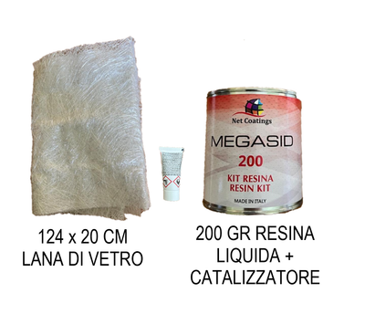 MEGASID 200 Kit 200 gr résine polyester et 0,25 m2 laine de verre réparation plastique et fibre de verre